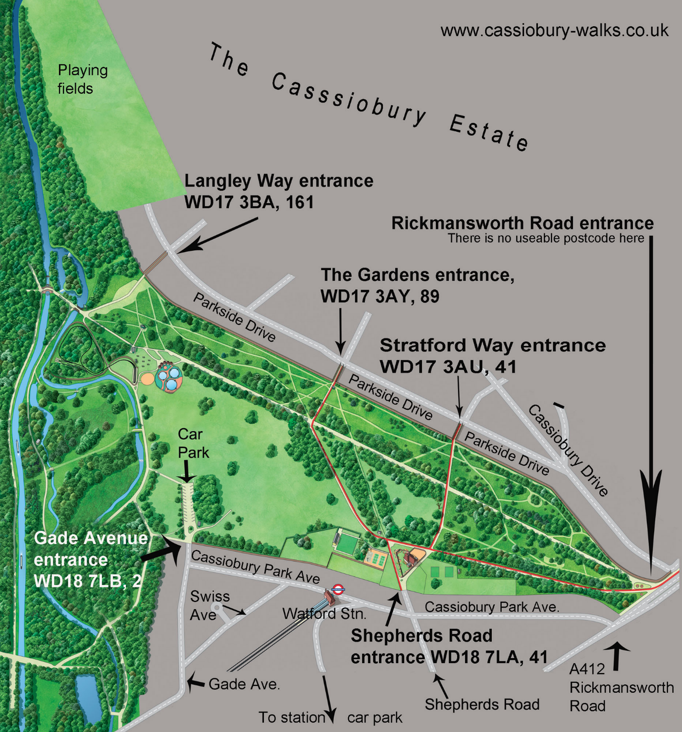 Map of Cassiobury Park and its entrances